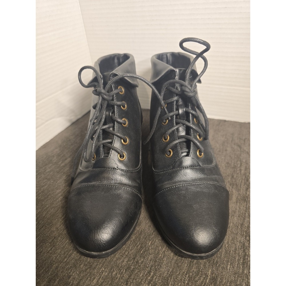 Comfort View Cuffed Lace-Up Ankle Boot Faux Leather Black Women's Size 9M